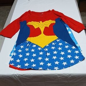 Wonder Woman Costume T-Shirt Dress w/ Blue & White Stars Detachable Cape Jnrs XL